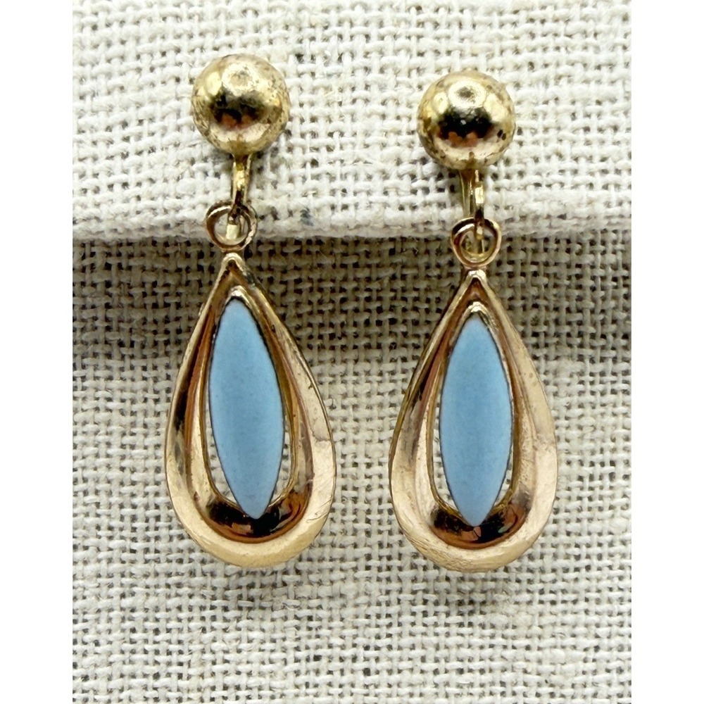 Vintage Blue Drop Earrings Gold Tone Screw Back Teardrop Dangle 1.5‎ Inch